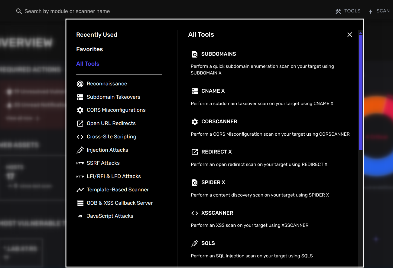 Toolbar with list of tools to quickly find vulnerabilities