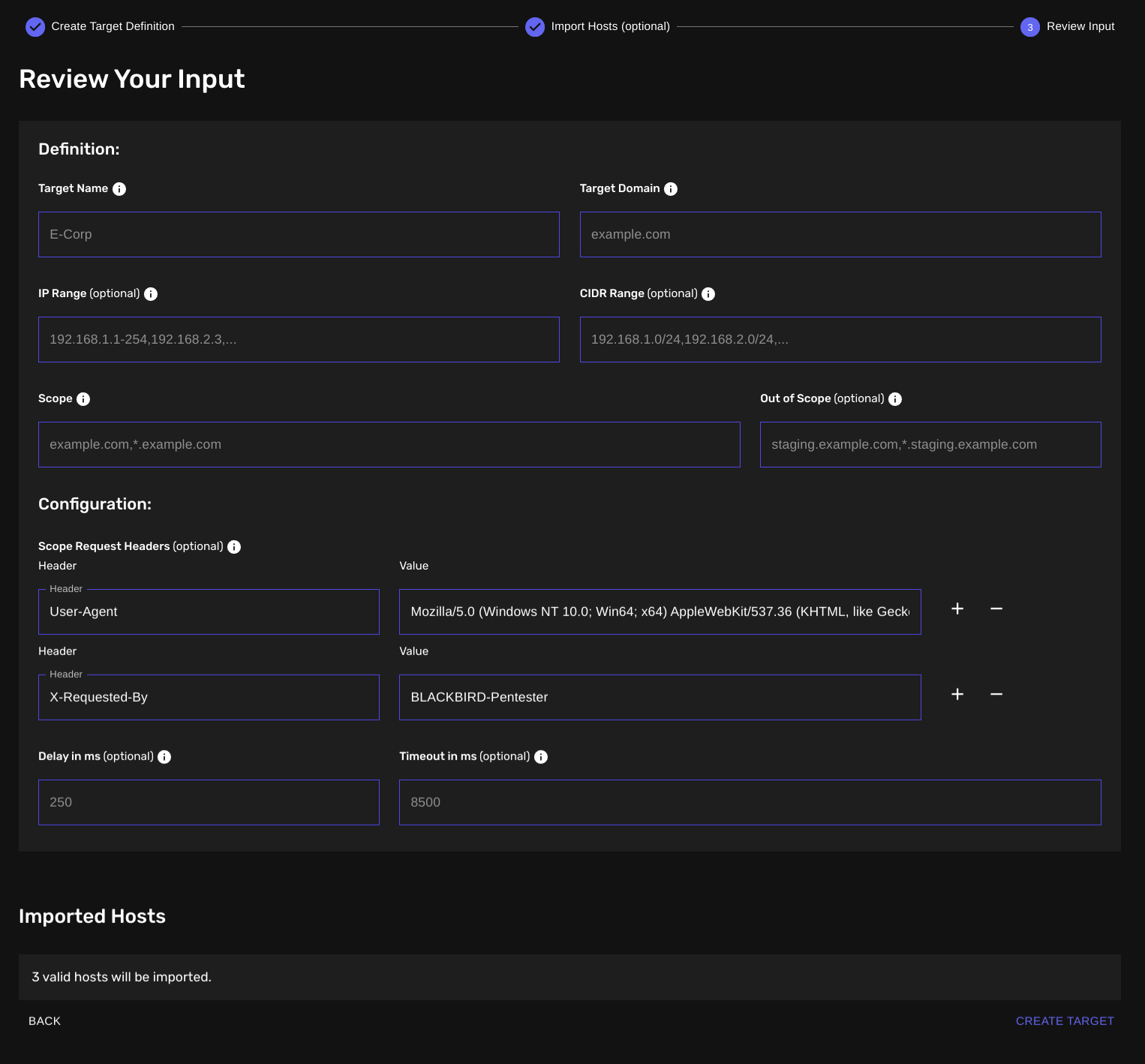 Review your configuration settings for your new target definition