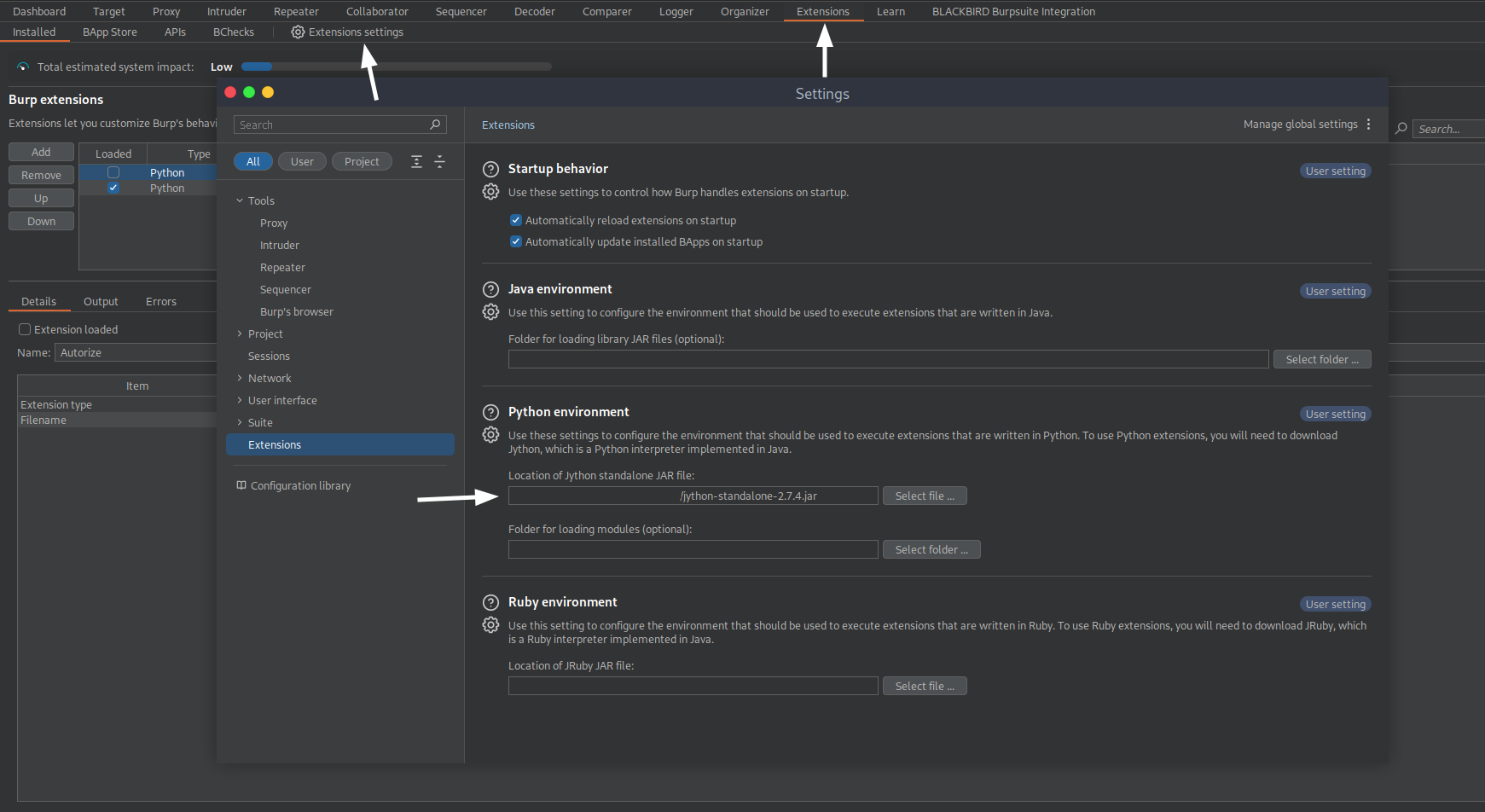 Setup the Jython standalone with Burpsuite.