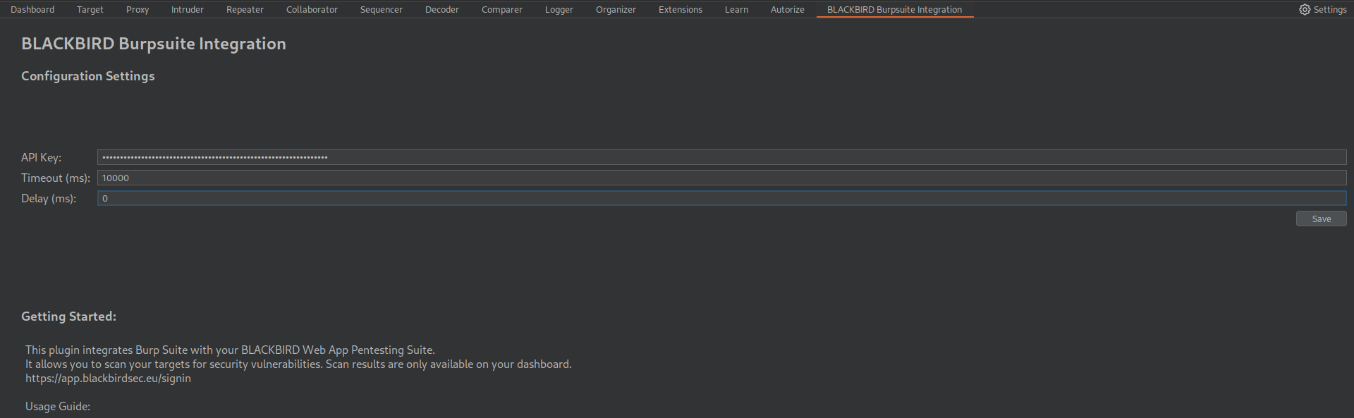 Configure the BLACKBIRD Burpsuite Integration Extension