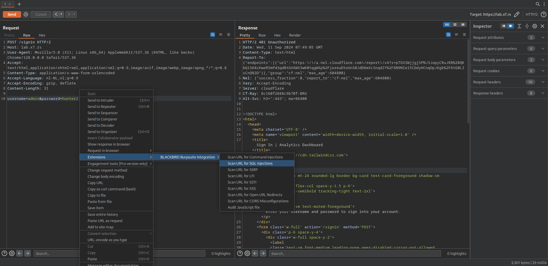 Initiate a new SQL injection scan with BLACKBIRD Web App Pentesting Suite right from your proxy interceptor