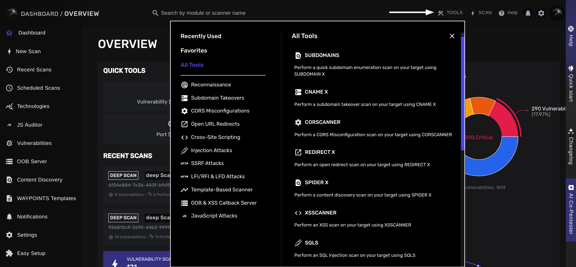 Your Pentesting Tool Menu available from anywhere on your dashboard!